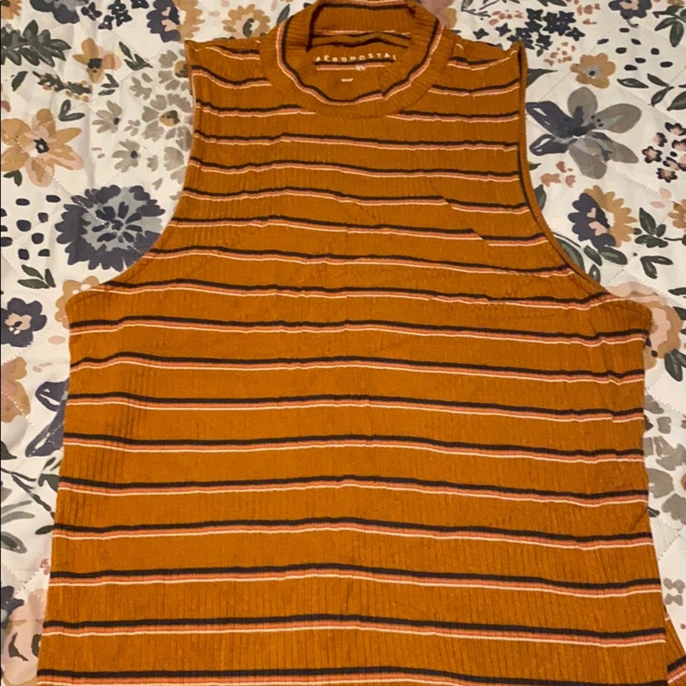 Orange top with navy blue, white, pink stripes